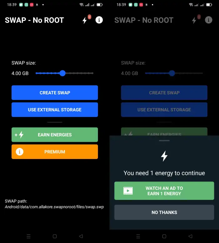 Virtual RAM Using the Swap No Root App